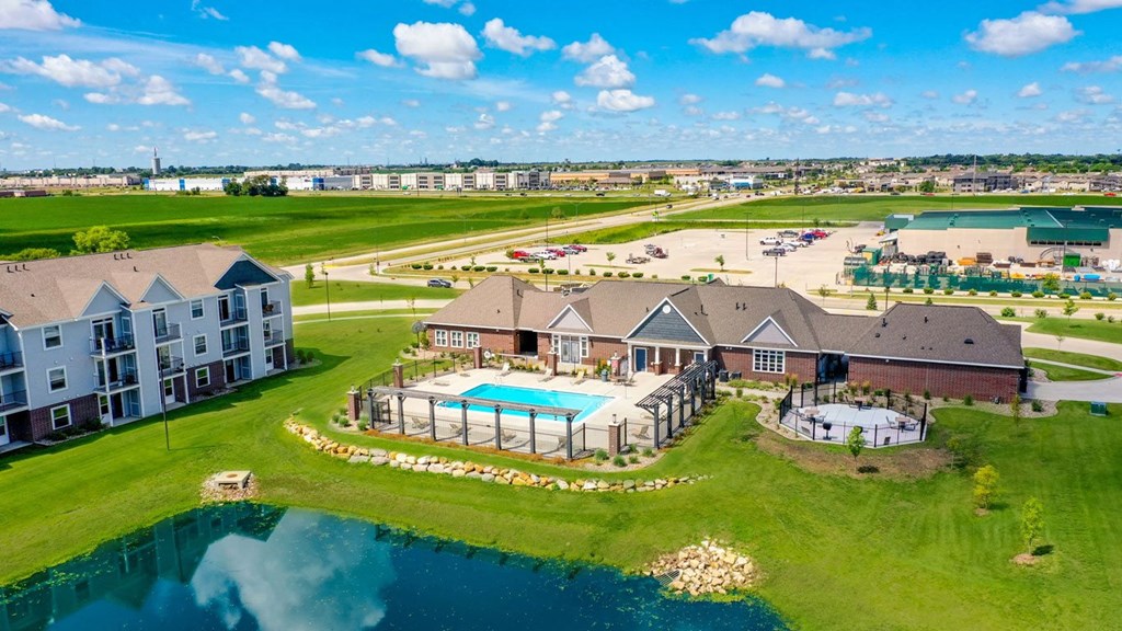 Aerial View of Community Building and Recreation Areas at The Reserve at Destination Pointe, Grimes, IA, 50111