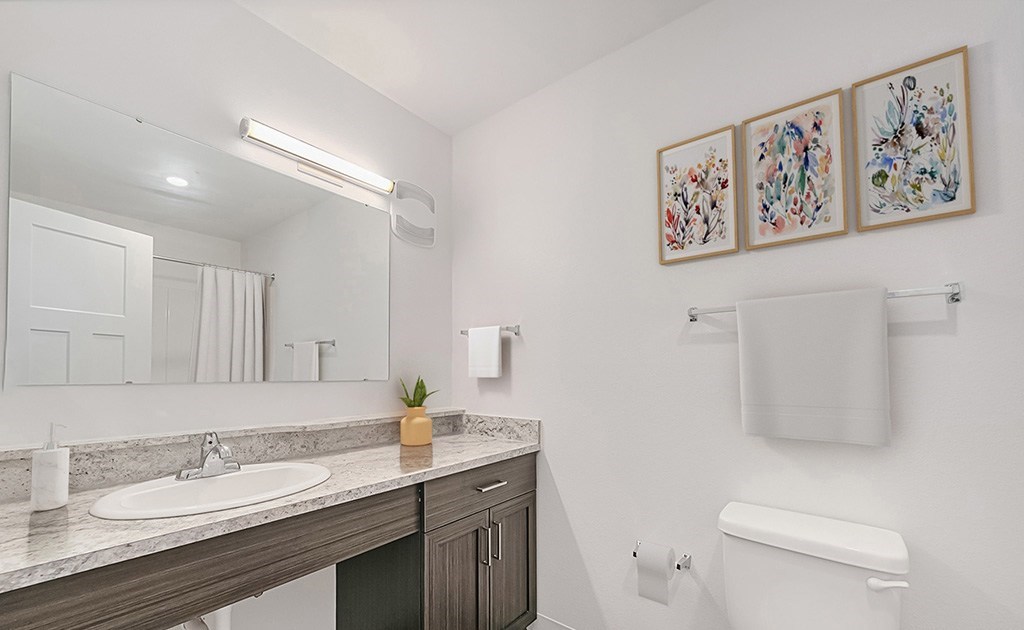A bathroom with a sink, toilet, and a mirror at The Reserve at Destination Pointe, Grimes