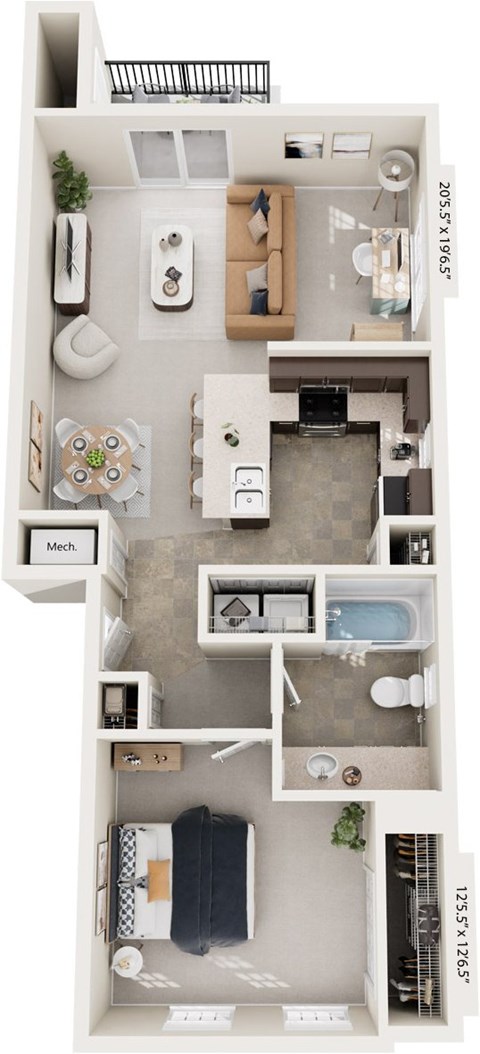 One Bedroom End 3D Floor Plan at The Reserve at Destination Pointe, Grimes