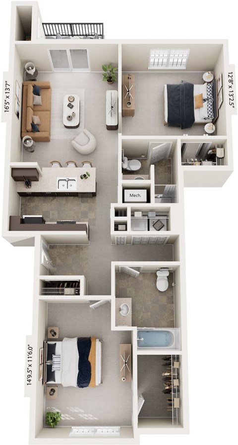 Two Bedroom Two Bath 3D Floor Plan at The Reserve at Destination Pointe, Iowa, 50111
