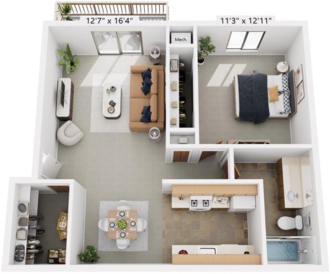 One Bedroom 3D Floor Plan at Seville Apartments, Kalamazoo, Michigan