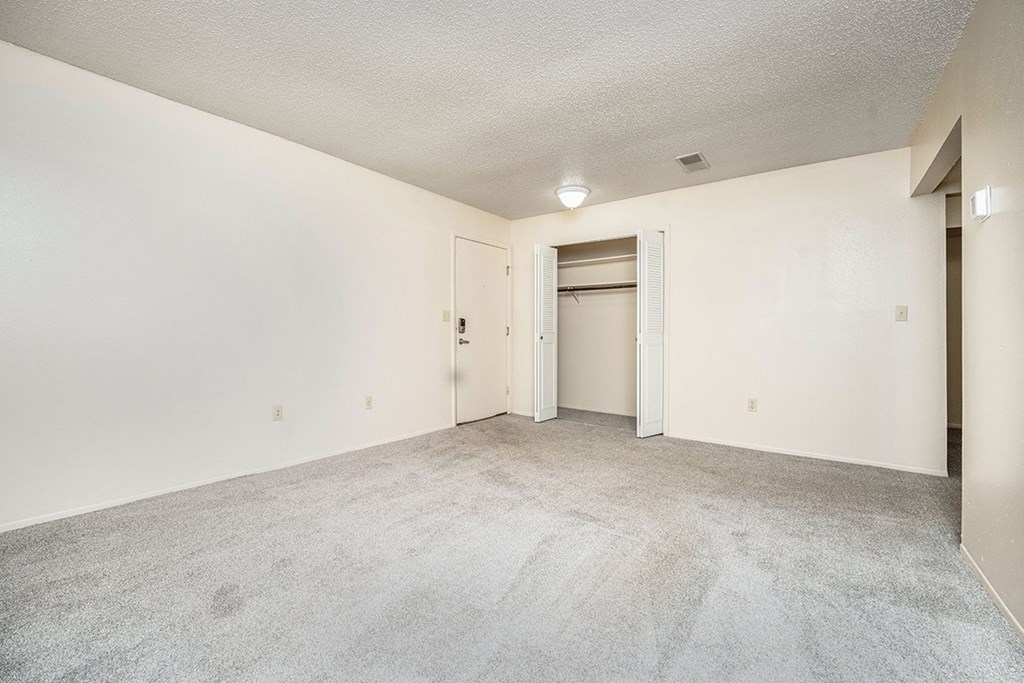 A living room with a carpeted floor and a closet at Seville Apartments, Michigan