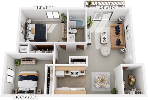 Two Bedroom 3D Floor Plan at Seville Apartments, Michigan