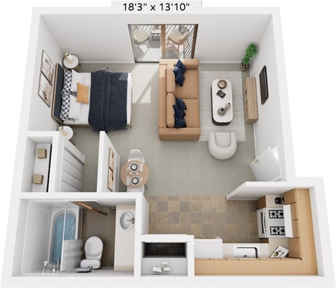 Studio 3D Floor Plan at Seville Apartments, Kalamazoo