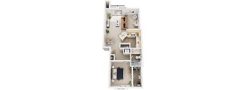 One Bedroom End 3D Floor Plan at South Bridge Apartments, Fort Wayne, 46816