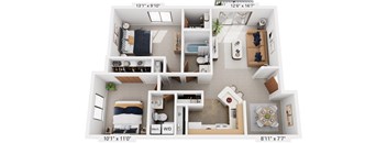 Two Bedroom, One & One-half Bath Seville 3D Floor Plan at South Bridge Apartments, Fort Wayne, IN, 46816