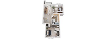 Two Bedroom, One Bath Stackable 3D Floor Plan at South Bridge Apartments, Fort Wayne, IN