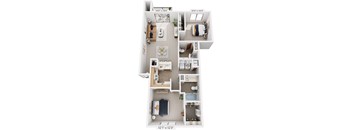 Two Bedroom, Two Bath Full-size 3D Floor Plan at South Bridge Apartments, Fort Wayne, Indiana