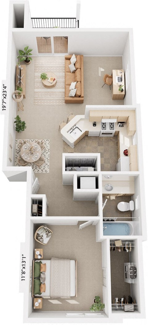 One Bedroom End Floor Plan at Stoney Pointe Apartment Homes, Wichita, KS, 67226