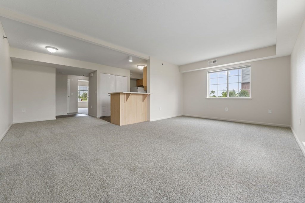 A large, empty living room with a carpeted floor and a window at Stoney Pointe Apartment Homes, Kansas
