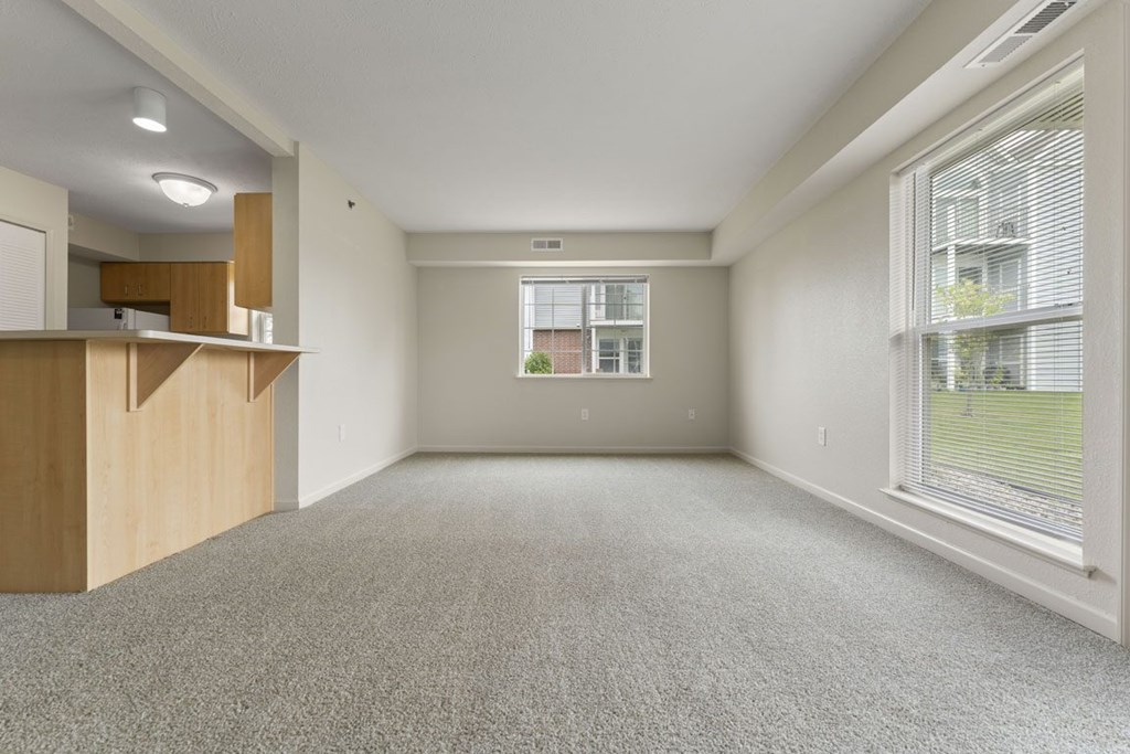 An enlarged living room with a carpeted floor and a window with blinds at Stoney Pointe Apartment Homes, Kansas