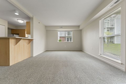 An enlarged living room with a carpeted floor and a window with blinds at Stoney Pointe Apartment Homes, Kansas