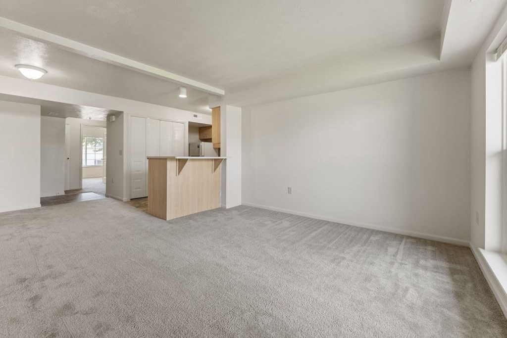 A large, empty living room with a carpeted floor at Stoney Pointe Apartment Homes, Wichita