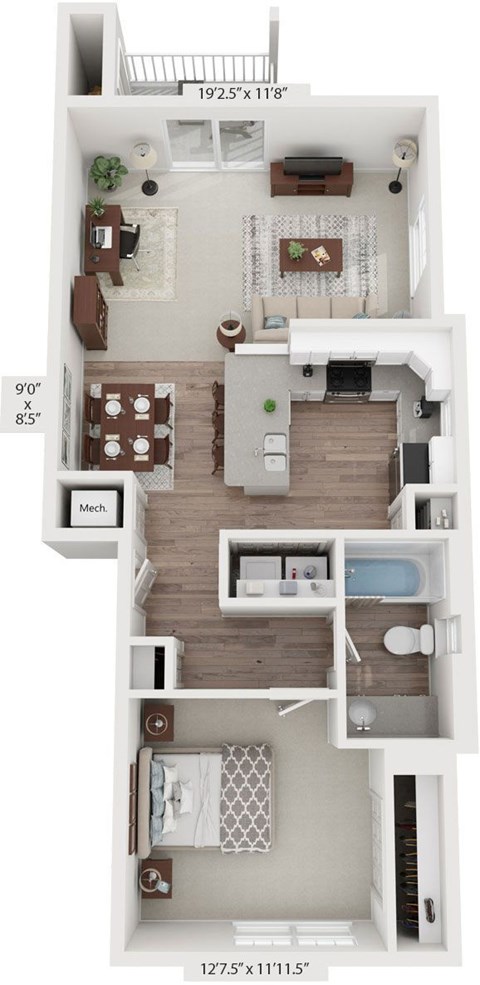 Signature One Bedroom End 3D Floor Plan at Stoney Pointe Apartment Homes in Wichita, KS