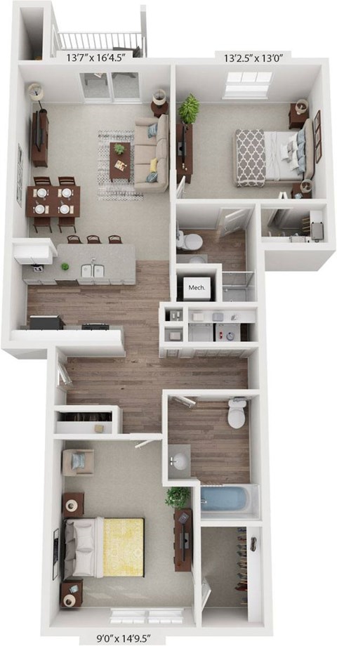 Signature Two Bedroom 3D Floor Plan at Stoney Pointe Apartment Homes in Wichita, KS