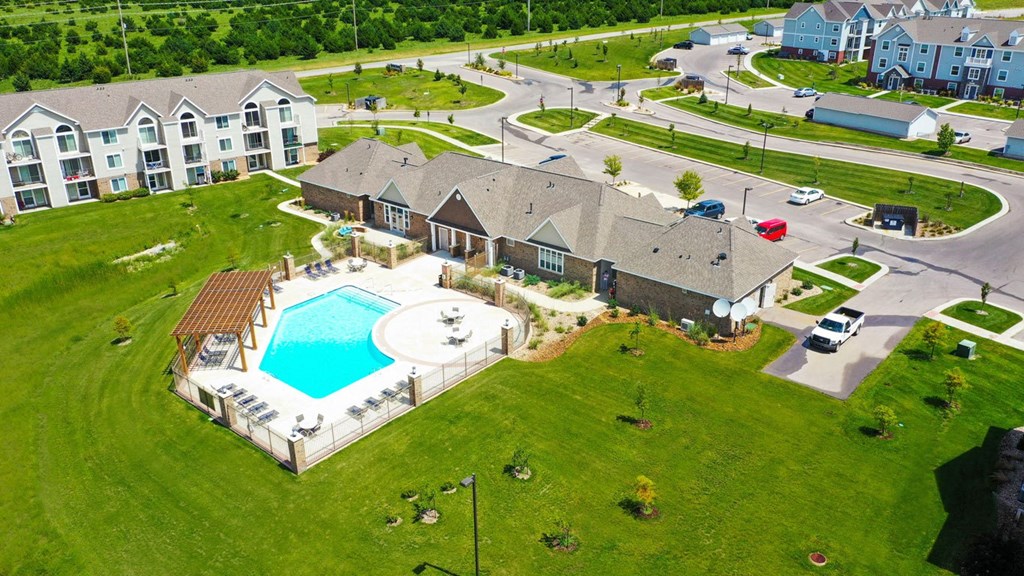 Aerial View of Swimming Pool and Clubhouse at Stoney Pointe Apartment Homes, Wichita