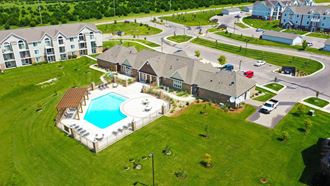 Aerial View of Swimming Pool and Clubhouse Aerial View of Swimming Pool and Clubhouse at Stoney Pointe Apartment Homes, Wichita