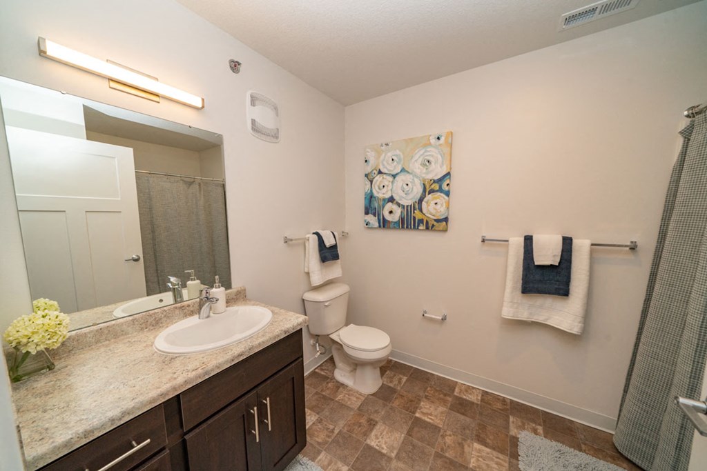 Bathroom with a large mirror and vanity area at Strathmore Apartment Homes, West Des Moines, 50266