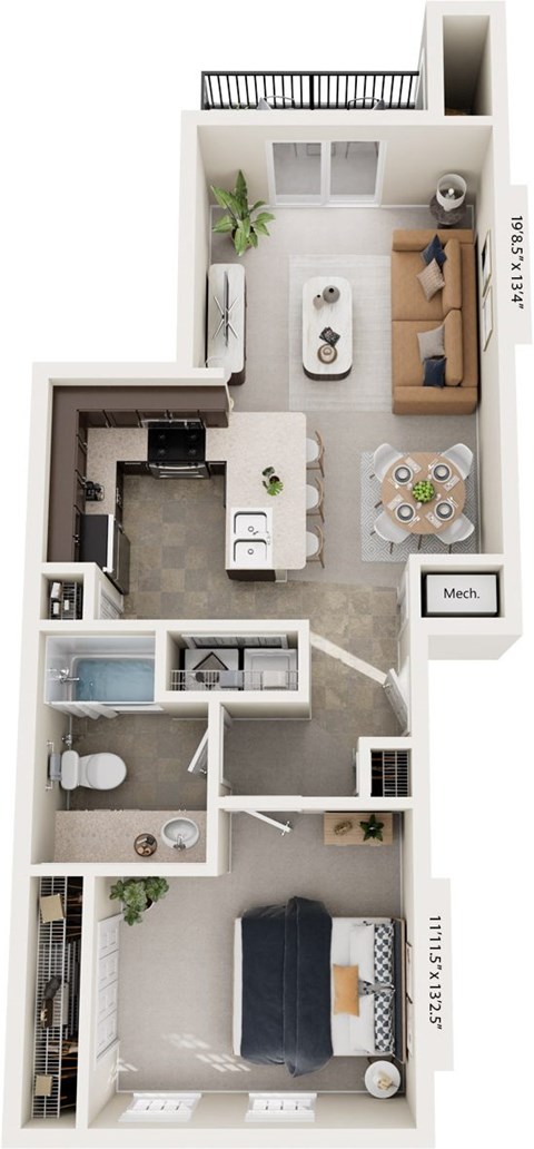 One bedroom 3D floor plan at Strathmore Apartment Homes in West Des Moines, IA