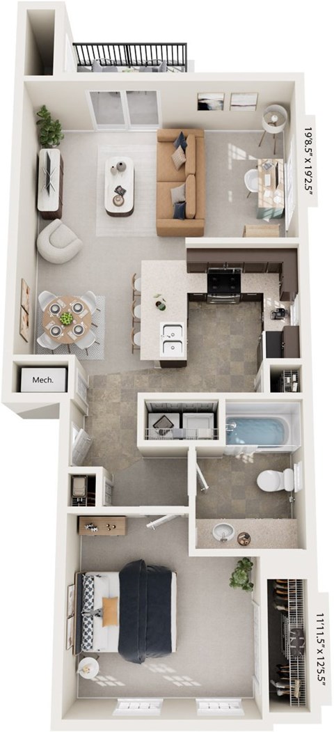 One Bedroom End 3D floor plan at Strathmore Apartment Homes in West Des Moines, IA