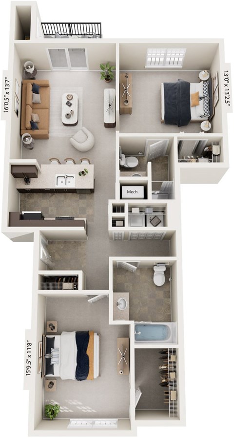 Two Bedroom 3D floor plan at Strathmore Apartment Homes in West Des Moines, IA
