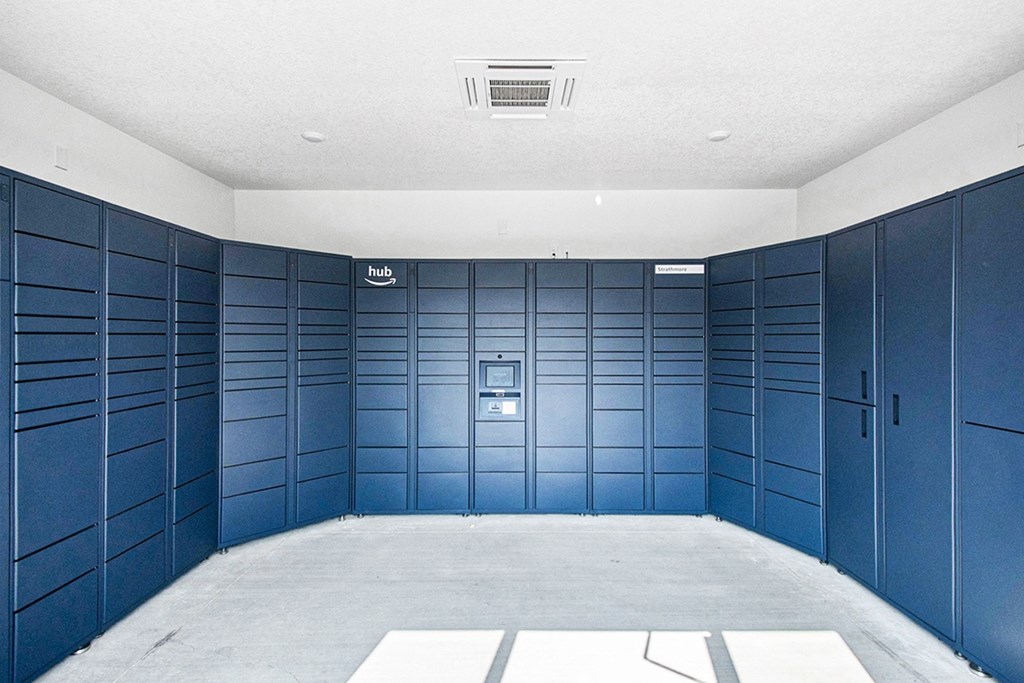 Blue Amazon package lockers at Strathmore Apartment Homes, West Des Moines, IA