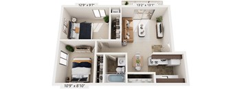 Two Bedroom 3D Floor Plan at Swiss Valley Apartments, Wyoming, 49509