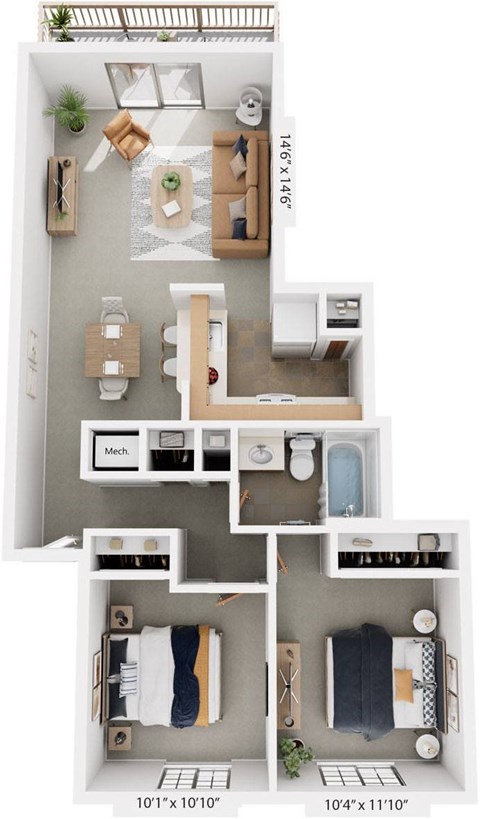 Two bedroom one bathroom luxury 3D floor plan at Swiss Valley Apartments, Michigan, 49509
