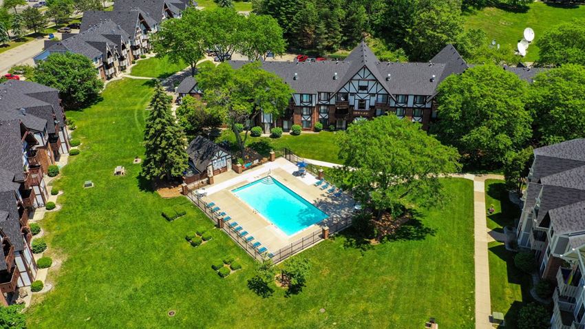 Aerial Swimming Pool View Aerial Swimming Pool View at Swiss Valley Apartments, Wyoming, Michigan