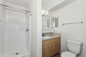A bathroom with a walk-in shower at Tall Oaks Apartment Homes, Kalamazoo, MI, 49009