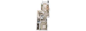 One bedroom 3D floor plan at Tall Oaks Apartment Homes, Kalamazoo, MI, 49009