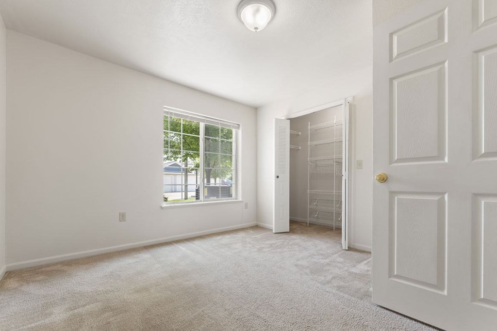 A bedroom with a large window and walk-in closet with organizers at Tall Oaks Apartment Homes, Michigan, 49009