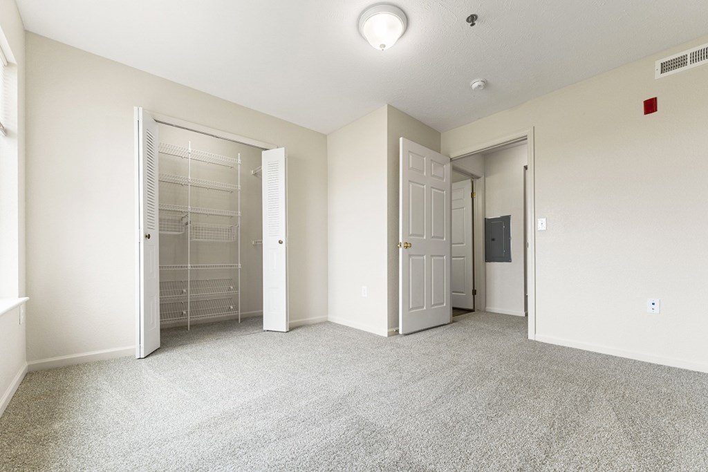 A bedroom with a carpeted floor and a walk-in closet with organizers at Tall Oaks Apartment Homes, Michigan, 49009