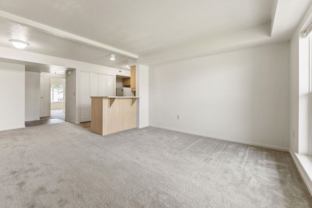 An enlarged, empty living room with a carpeted floor at Tall Oaks Apartment Homes, Michigan, 49009