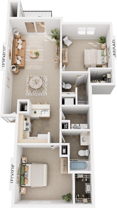 Two Bedroom 3D Floor Plan at Tall Oaks Apartment Homes, Kalamazoo, MI