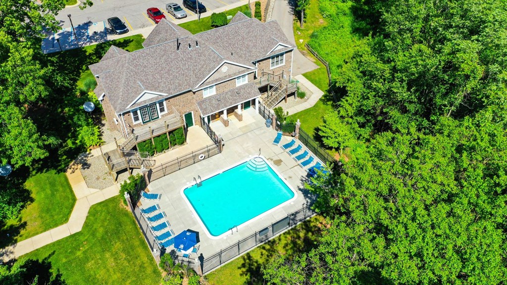 Aerial View of Pool and Clubhouse at Tall Oaks Apartment Homes, Kalamazoo, MI, 49009
