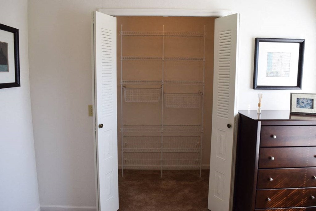 Walk In Closet With Wardrobe Organizers at Tall Oaks Apartment Homes, Kalamazoo, MI