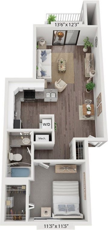 One Bedroom One Bath Renovated 3D Floor Plan at The Crossings Apartments in Grand Rapids, MI
