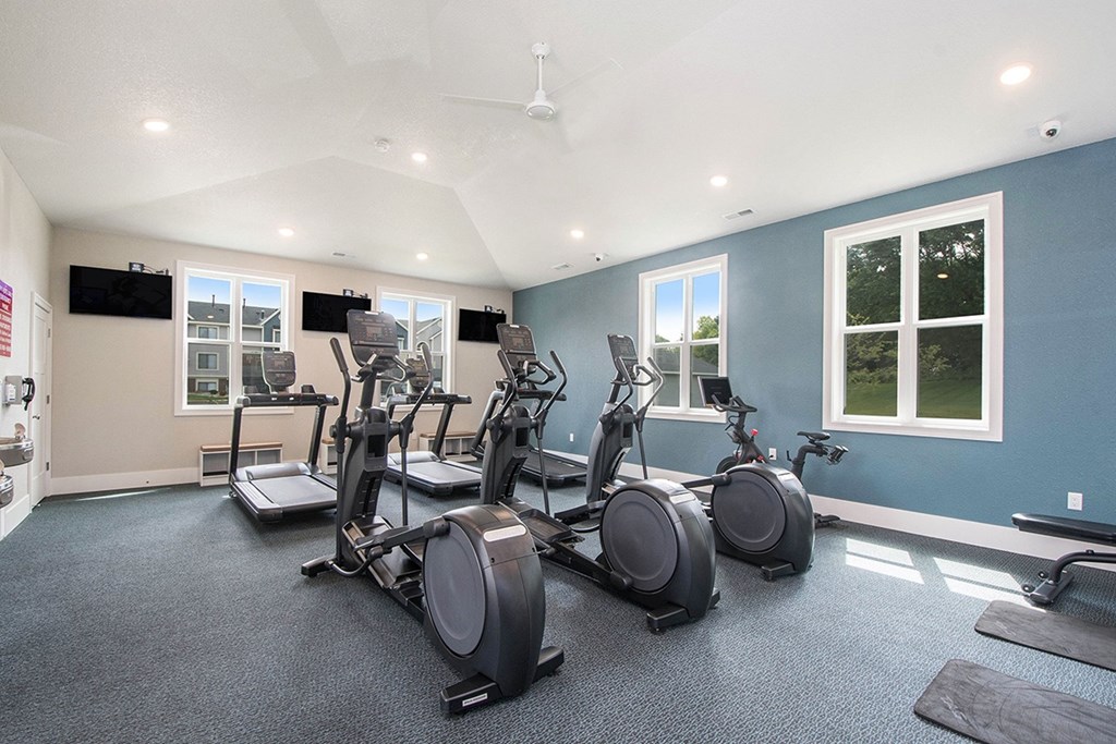 fitness center with plenty of cardio equipment and windows at The Crossings Apartments, Michigan, 49508