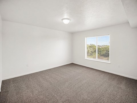 Empty bedroom with window and carpet flooring at Tracy Creek Homes Apartments, Ohio