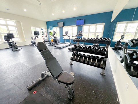 A gym with a variety of equipment including weights and cardio machines at Tracy Creek Apartments, Perrysburg, OH, 43551