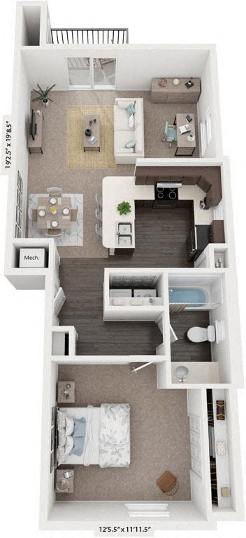 One Bedroom End 3D Floor Plan at Trade Winds Apartment Homes in Elkhorn, NE