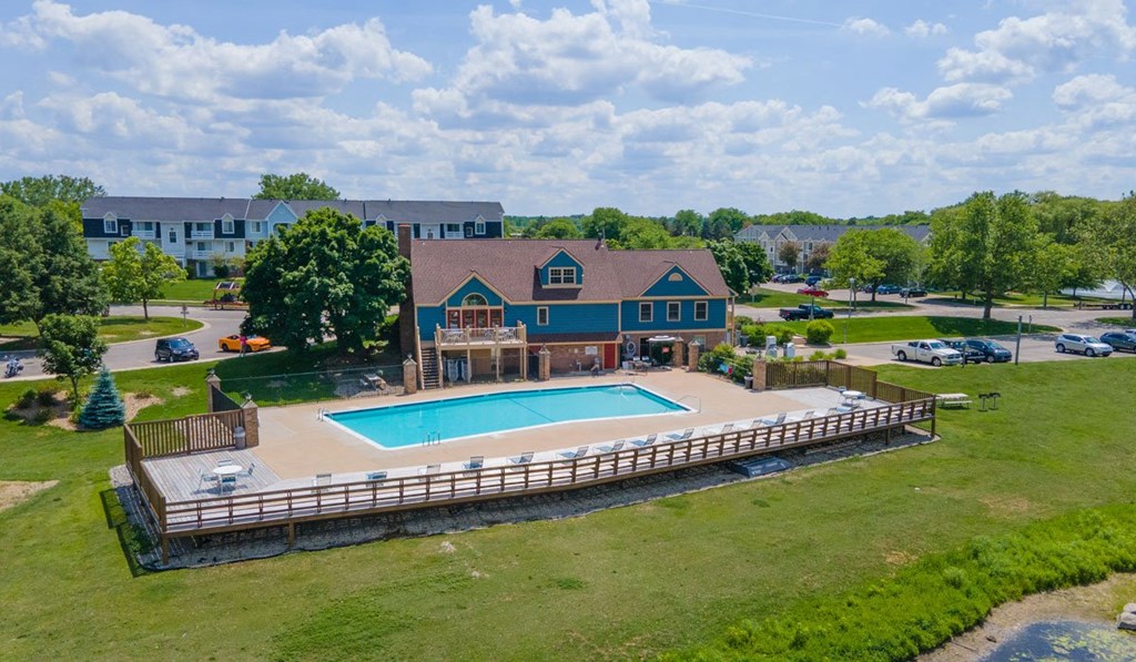 Aerial View of Large Pool at Trappers Cove Apartments, Lansing, Michigan