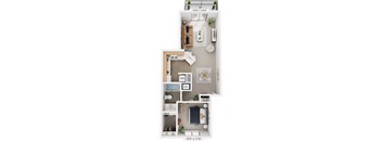 One Bedroom Alpine 3D Floor Plan at Trappers Cove Apartments, Lansing, MI, 48910