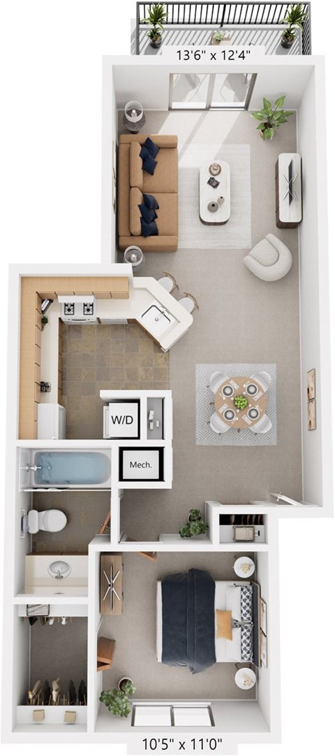 One Bedroom Alpine 3D Floor Plan at Trappers Cove Apartments, Lansing, MI, 48910