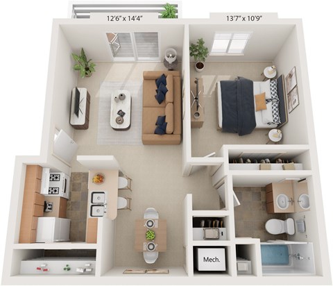 One Bedroom Cape Cod 3D Floor Plan at Trappers Cove Apartments, Lansing, MI