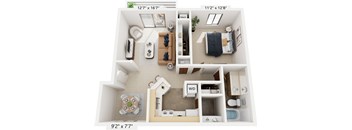 One Bedroom Madrid 3D Floor Plan at Trappers Cove Apartments, Lansing, 48910