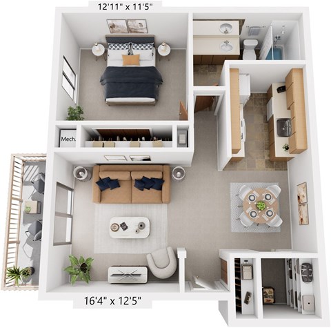 One Bedroom Seville 3D Floor Plan at Trappers Cove Apartments, Lansing, Michigan