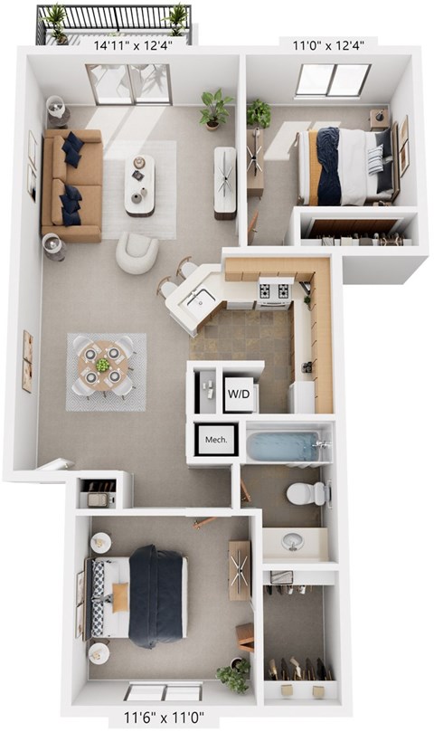 Two Bedroom Alpine 3D Floor Plan at Trappers Cove Apartments, Lansing