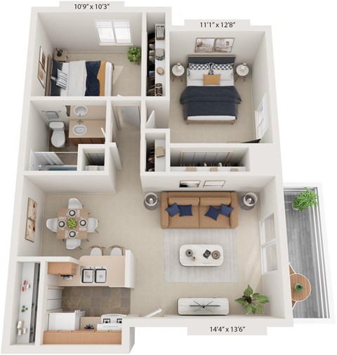 Two Bedroom Cape Cod 3D Floor Plan at Trappers Cove Apartments, Michigan